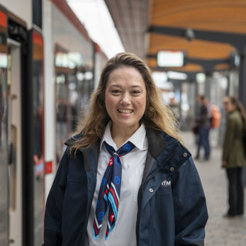 Lachende OV-steward staat op een HTM tramhalte Lachende OV-steward staat op een HTM tramhalte
