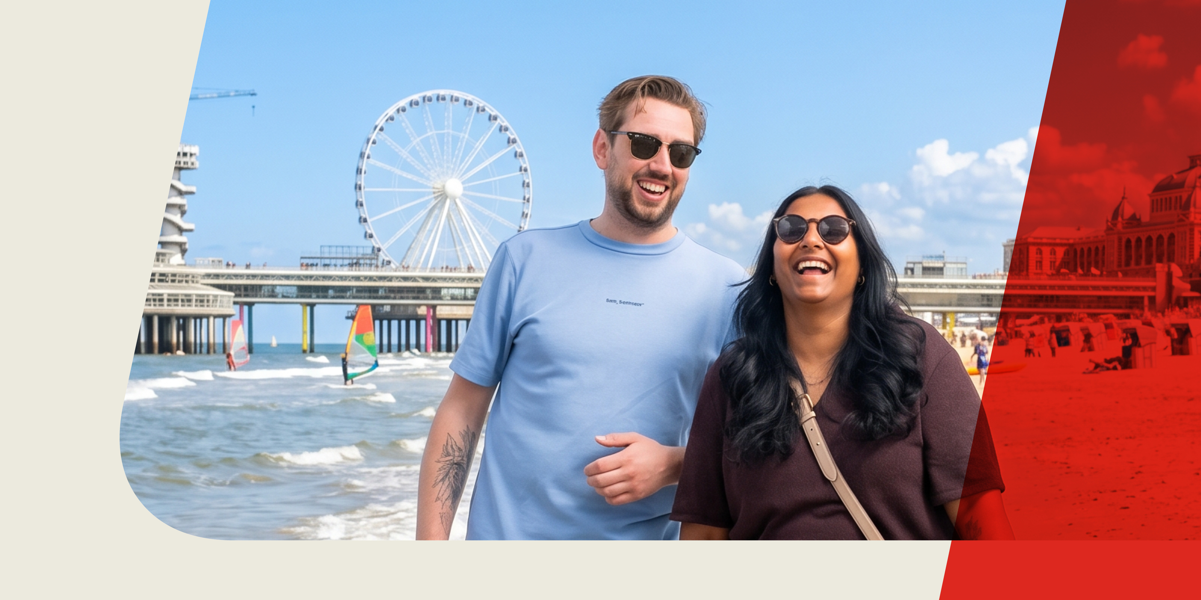 Banner koppel wandelend op scheveningen